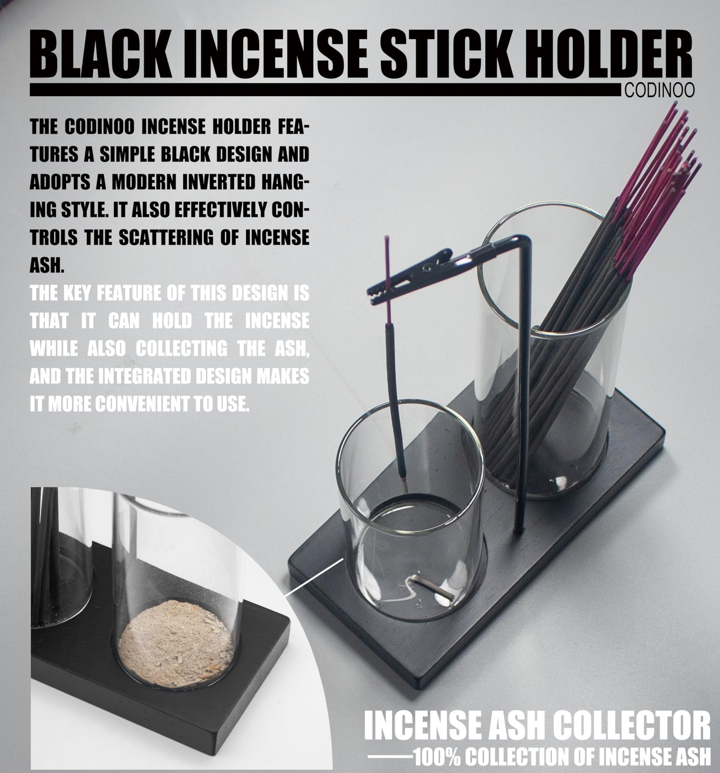2 in 1 Incense Holder for Sticks Incense Burner Holder with Storage,Glass Upside Down Incense Holder for Sticks with Glass Ash Catcher for Meditation Yoga Spa Room Home Decor[Black]