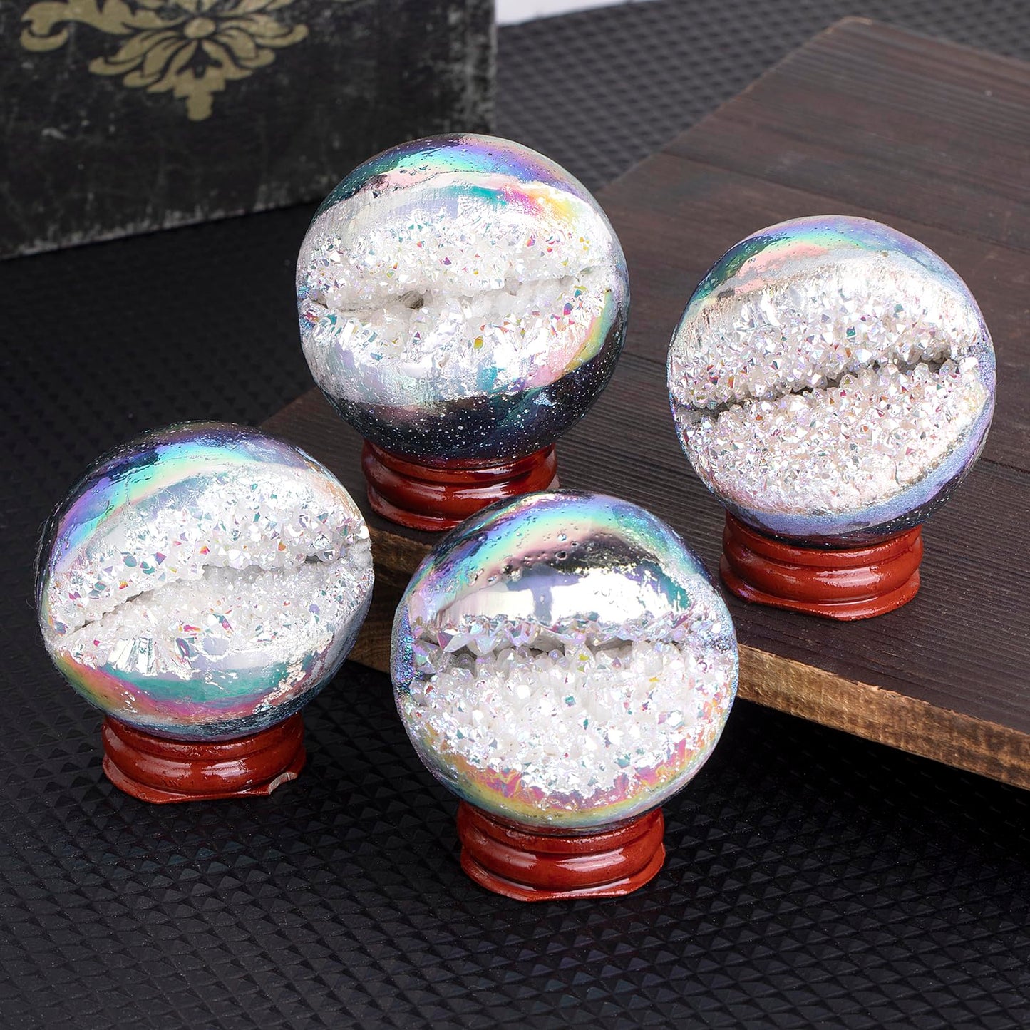 mookaitedecor Angel Aura Quartz Geode Sphere 51-60 mm, Natural Rock Crystal White Titanium Coated Crystal Ball with Stand for Divination Witchcraft Home Decor