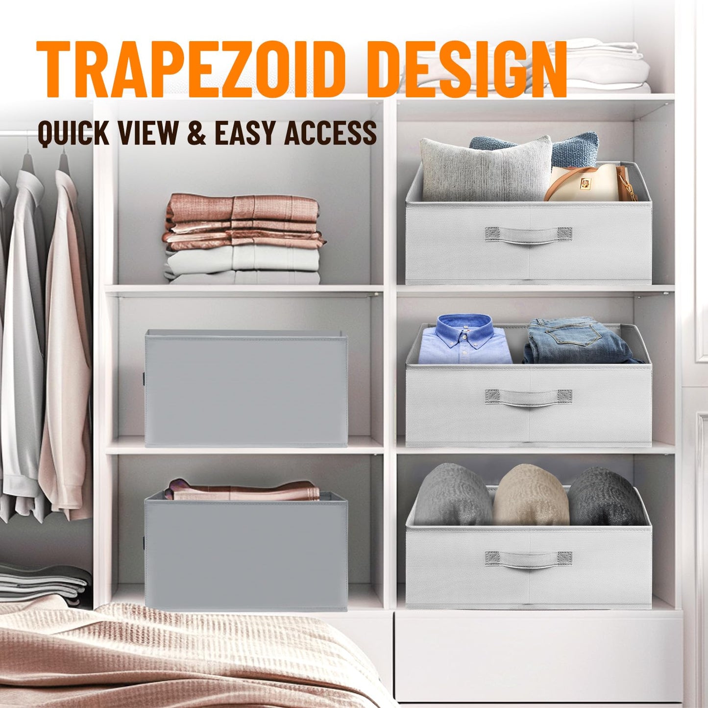 Criusia Closet Organizers Bins 12 Pack - Large Closet Shelf Organizer with Handles - Fabric Trapezoid Home Organization and Storage Baskets for Organizing Clothes Toy Blanket Towel Purse Hats