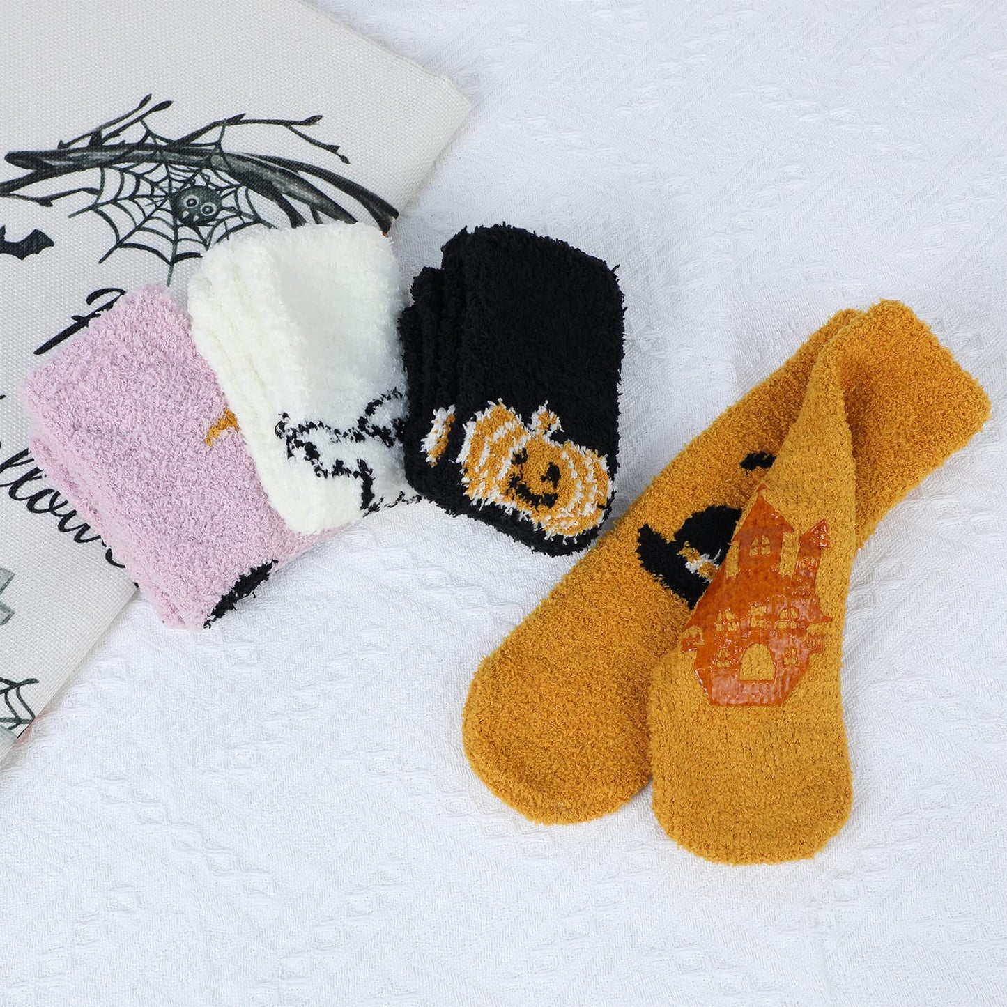 Century Star Halloween Socks Womens Fuzzy Socks Soft Fluffy Socks Winter Socks Sports Outdoor Sock Athletic Socks for Christmas 4 Pairs Halloween Pattern One Size