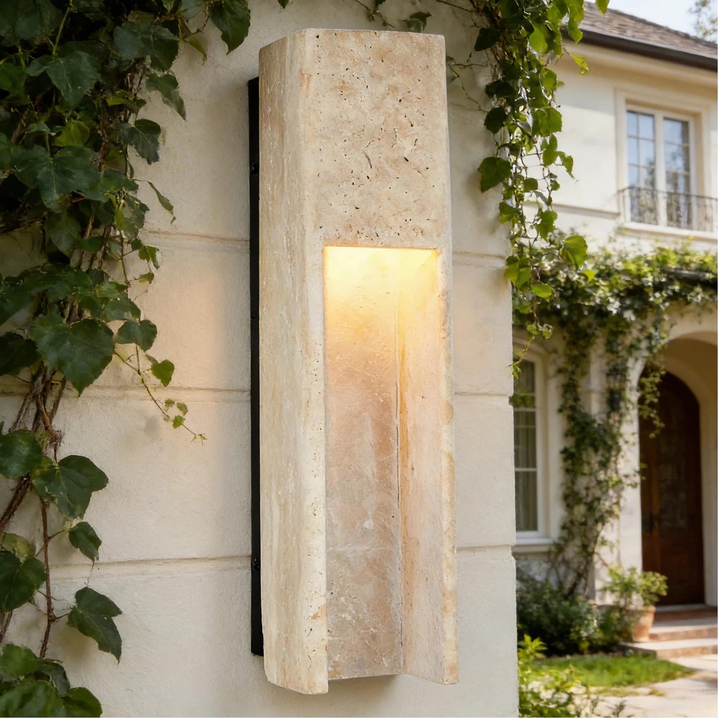19 Inch Square Travertine Wall Sconce, Natural Stone Wall Lamp, Japanese Style Art Decor Wall Light Fixture, Indoor Outdoor Wall Mounted Lamp for Entryway, Hallway, Bedroom, Living Room, Dining Room