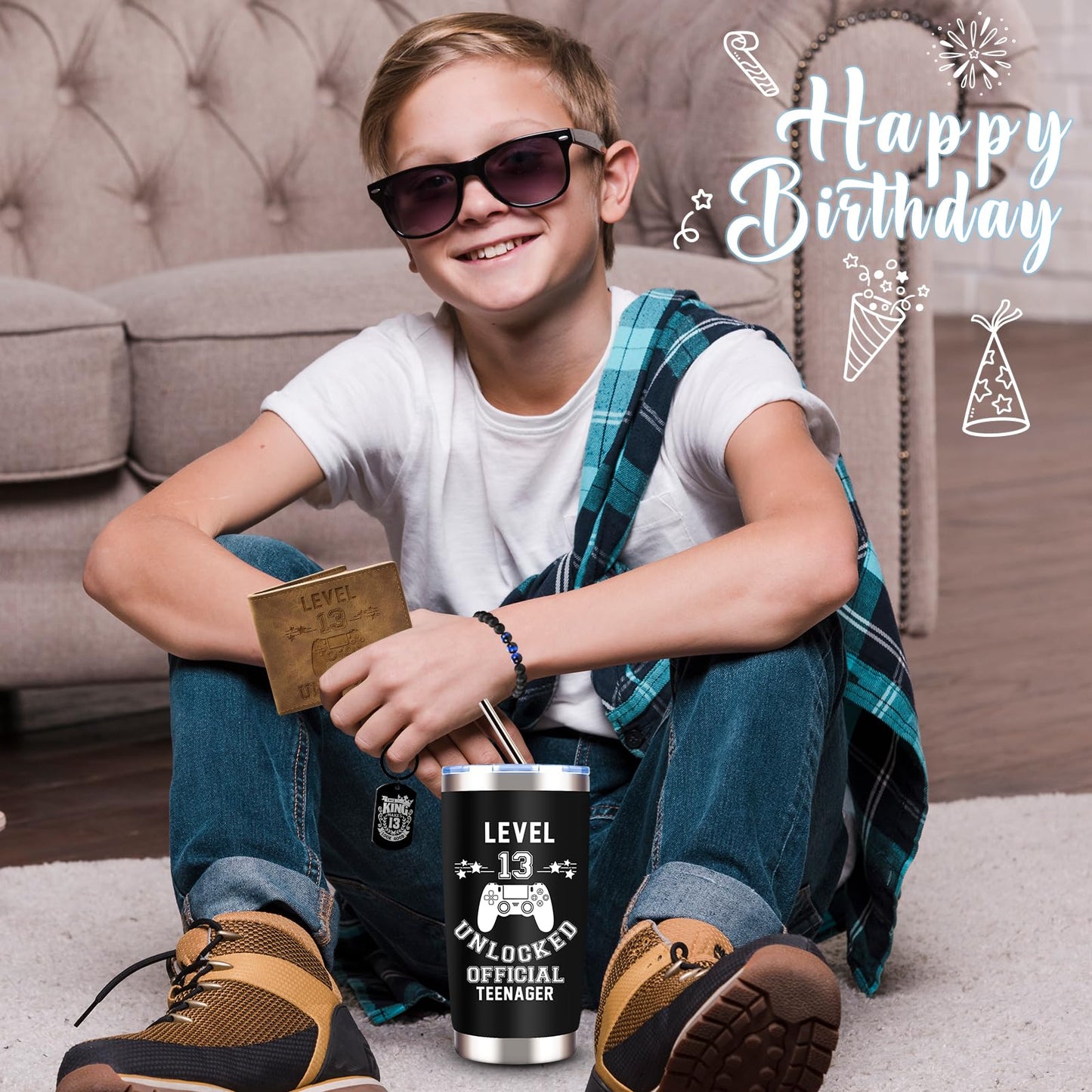 JTAMOHI 8 Pcs Happy 13th Birthday Gifts for Boys, 13 Year Old Boy Birthday Gifts Ideas with 20 Oz Tumbler, Funny Socks, Toilet Paper, Teen Wallet, Bracelet, Keychain for Son, Nephew, Grandson, Brother