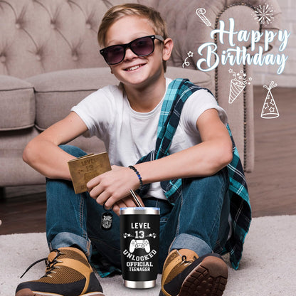 JTAMOHI 8 Pcs Happy 13th Birthday Gifts for Boys, 13 Year Old Boy Birthday Gifts Ideas with 20 Oz Tumbler, Funny Socks, Toilet Paper, Teen Wallet, Bracelet, Keychain for Son, Nephew, Grandson, Brother