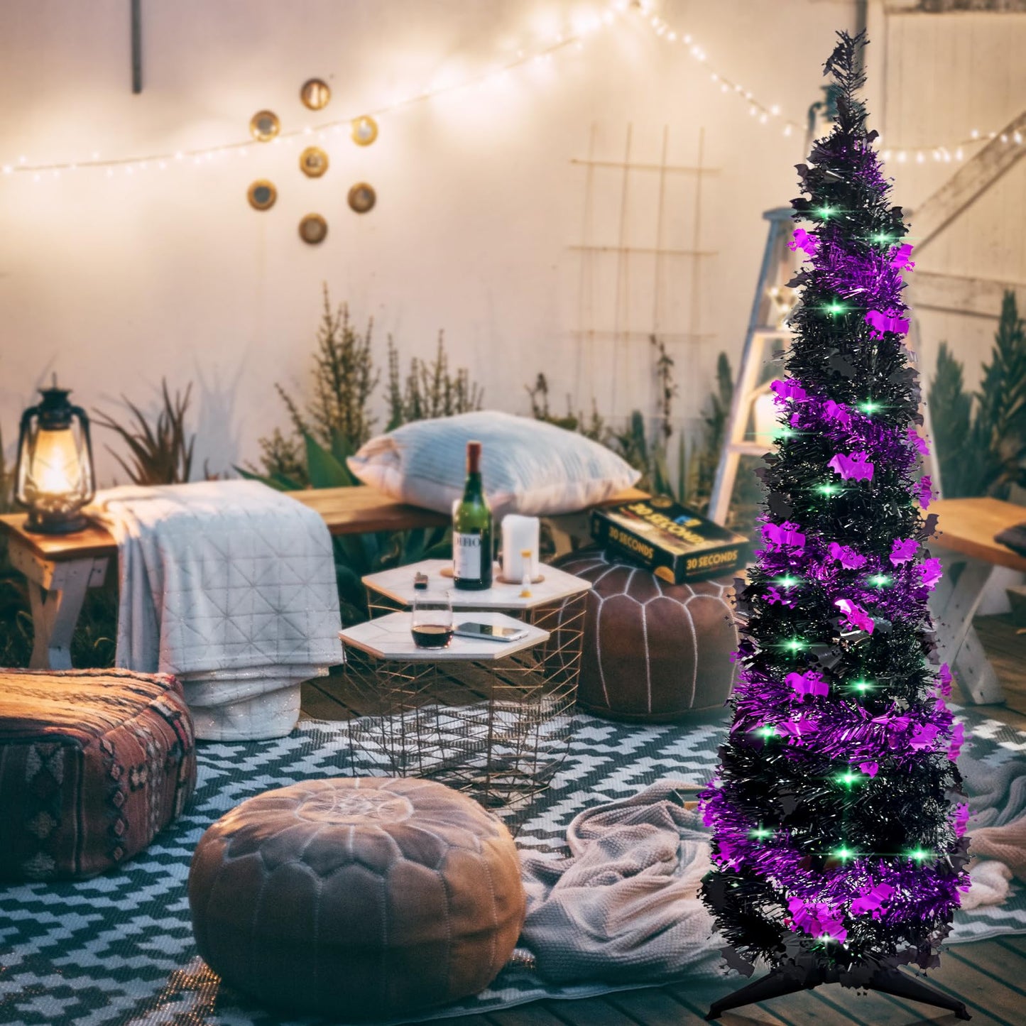 Pop up Christmas Tree for Indoor Decoration,5FT Pre-lit Mini Halloween Tree with 60 Lights,Black Artificial Pencil Tree Collapsible Tinsel Lighted up Christmas Tree