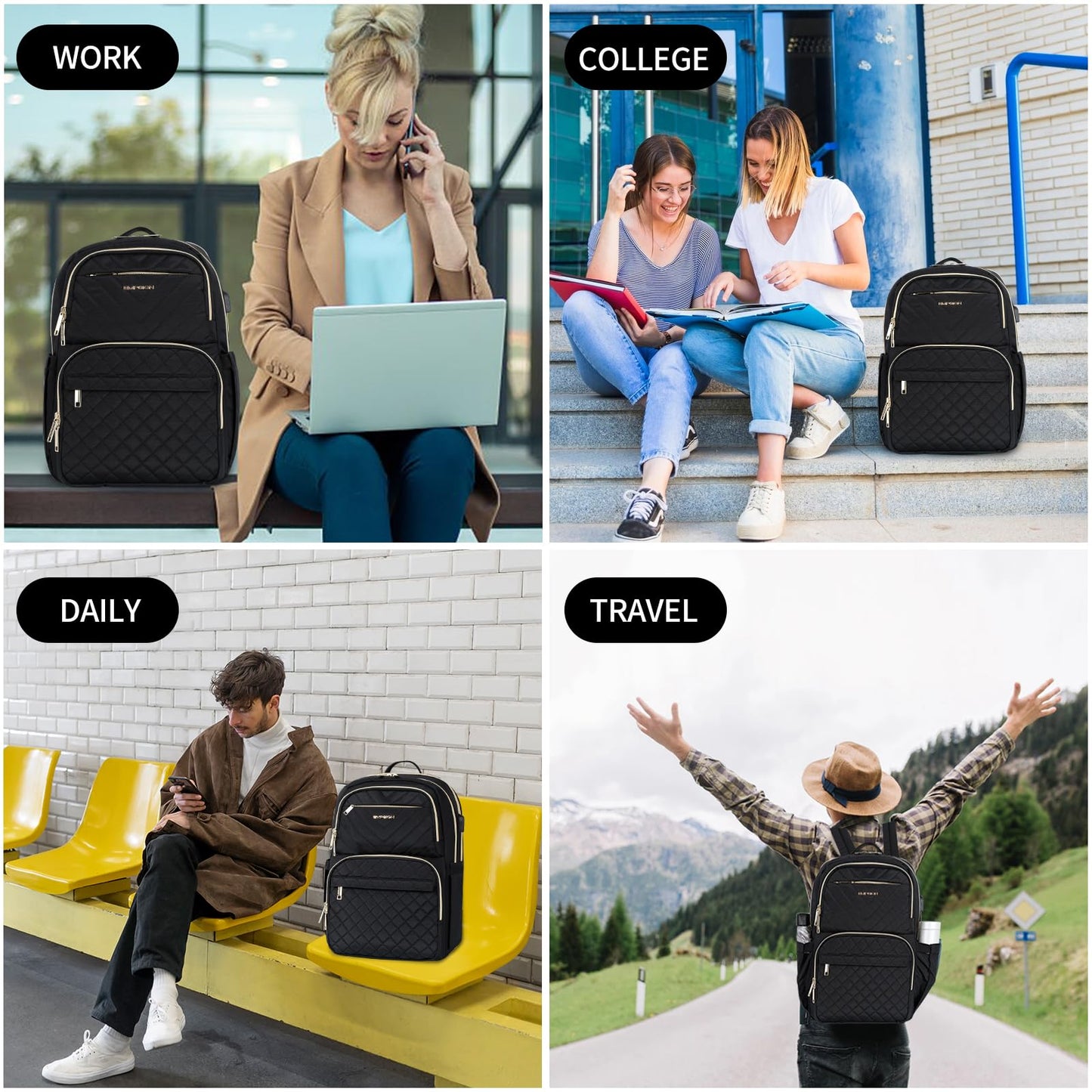 EMPSIGN Womens Backpack Laptop Backpack for Women with USB Charging Port, 15.6 Inch Travel Water Resistant Quilted Backpack, High-Capacity 30L Work Business Computer Backpack, Black