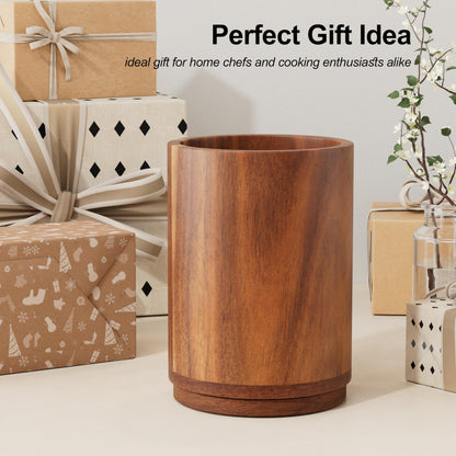 ZUJJAFY Utensil Holder, 360° Rotating Acacia Wood Kitchen Utensil Holder for Counter, 7.2" Large Cooking Utensil Crock for Countertop, Wooden Utensils Organizer for Cooking Spatula Storage