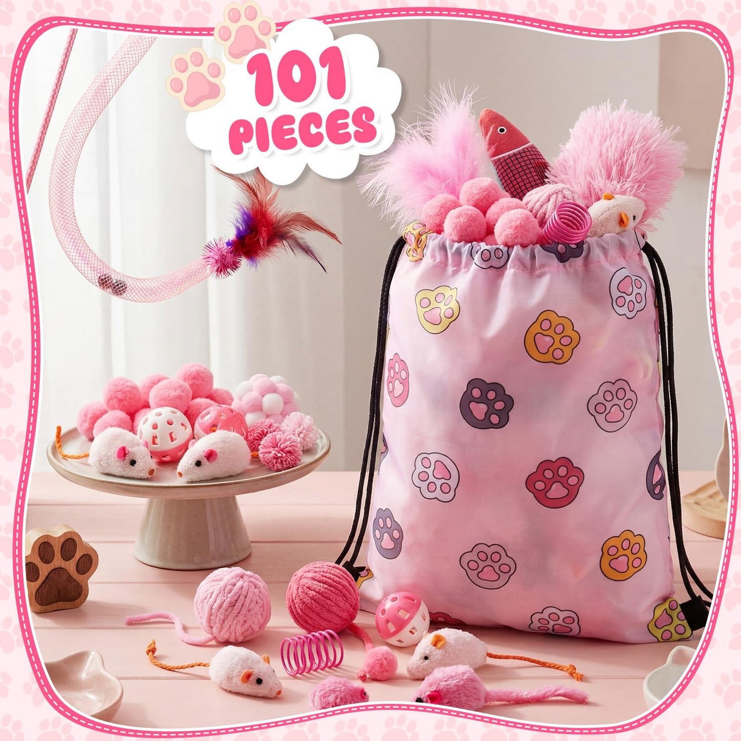 Leitee 101 Pcs Cat Interactive Toys Set with 1 Cat Paw Gift Storage Bags Feather Teaser Wand Springs Mice Fish Crinkle Balls Bell Balls Pillow, Puzzle Toys for Cats Gift Indoor (Pink)