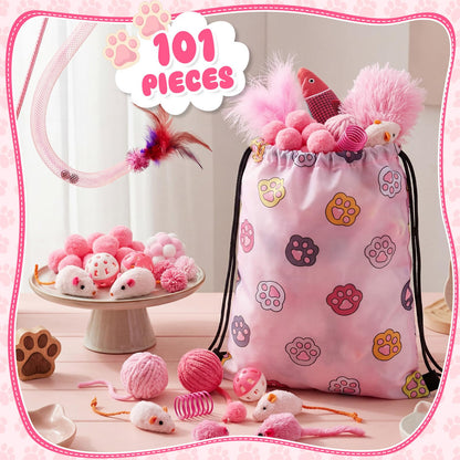 Leitee 101 Pcs Cat Interactive Toys Set with 1 Cat Paw Gift Storage Bags Feather Teaser Wand Springs Mice Fish Crinkle Balls Bell Balls Pillow, Puzzle Toys for Cats Gift Indoor (Pink)