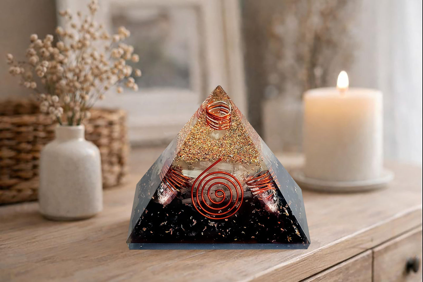 Orgonite Crystal Pyramid with Copper Coil Quartz and Shungite – Handmade Orgone Energy Pyramid for Meditation & Home Décor