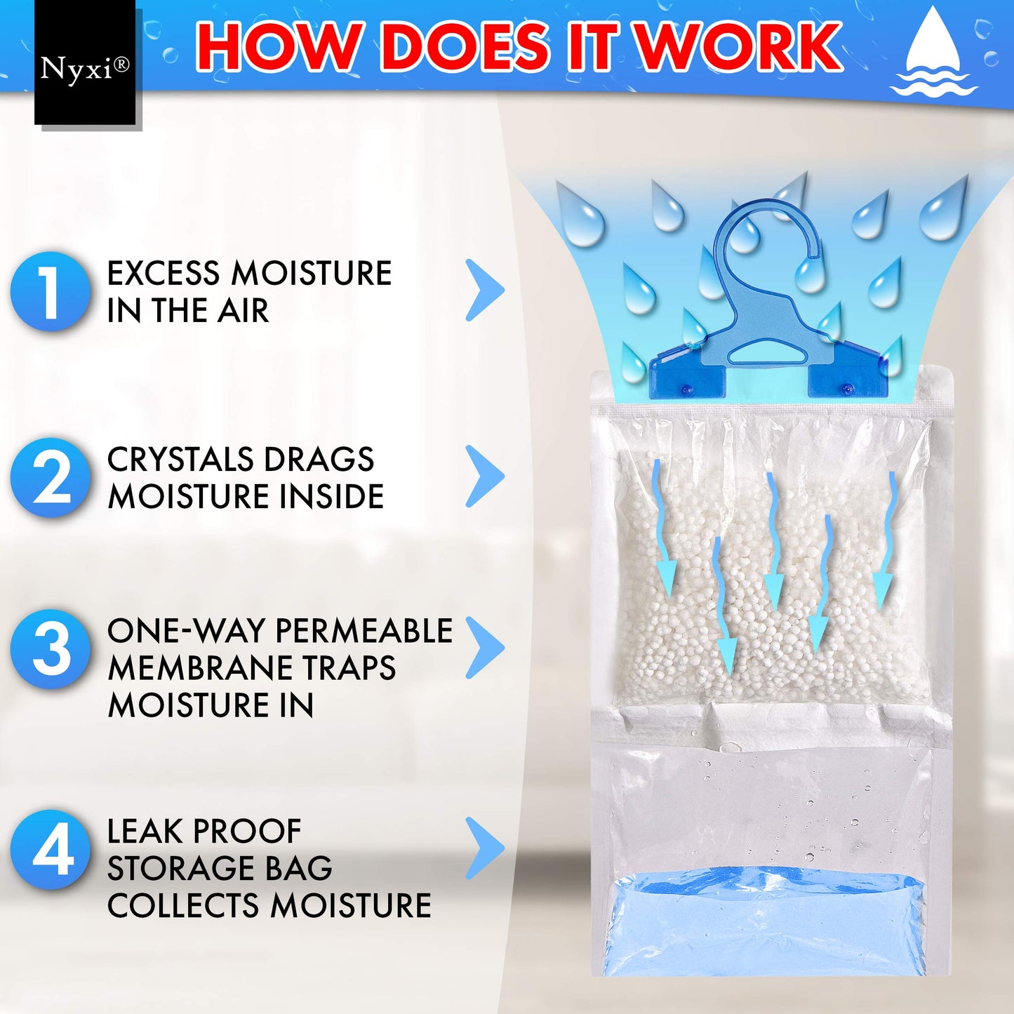 Nyxi Set of 12 Hanging Interior Wardrobe Dehumidifier - 230g Each Bag - Ideal to stop damp, mould mildew & condensation- For Wardrobe, Home, Kitchen, Garage, Bedroom, Caravan, Office, Basement etc
