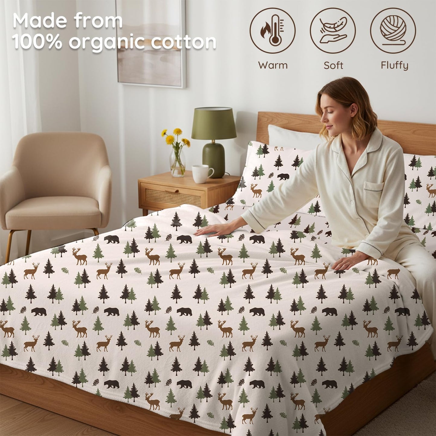 LONAVA 100% Cotton Flannel Sheet Set 4 Pieces, Heavy-Duty Fluffy Flannel Design, Thermal Lock Technology, 16 inch Deep Pocket Cozy Soft Bedsheets,(Twin,Fall Forest)
