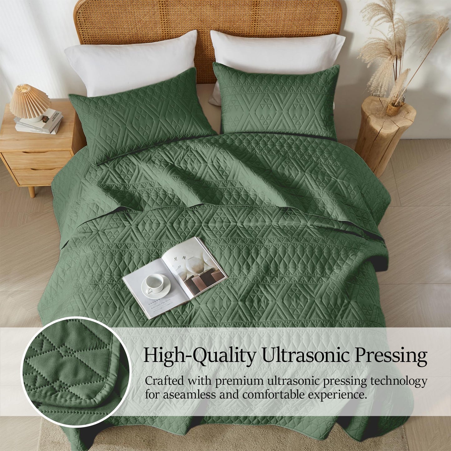 akkialla Full/Queen Size Quilt Bedding Set,Green Lightweight Microfiber Soft Bedspread,Modern Style Geoetric Pattern Coverlet Set for All Seasons,3 Piece(1 Quilt,2 Pillow Shams)