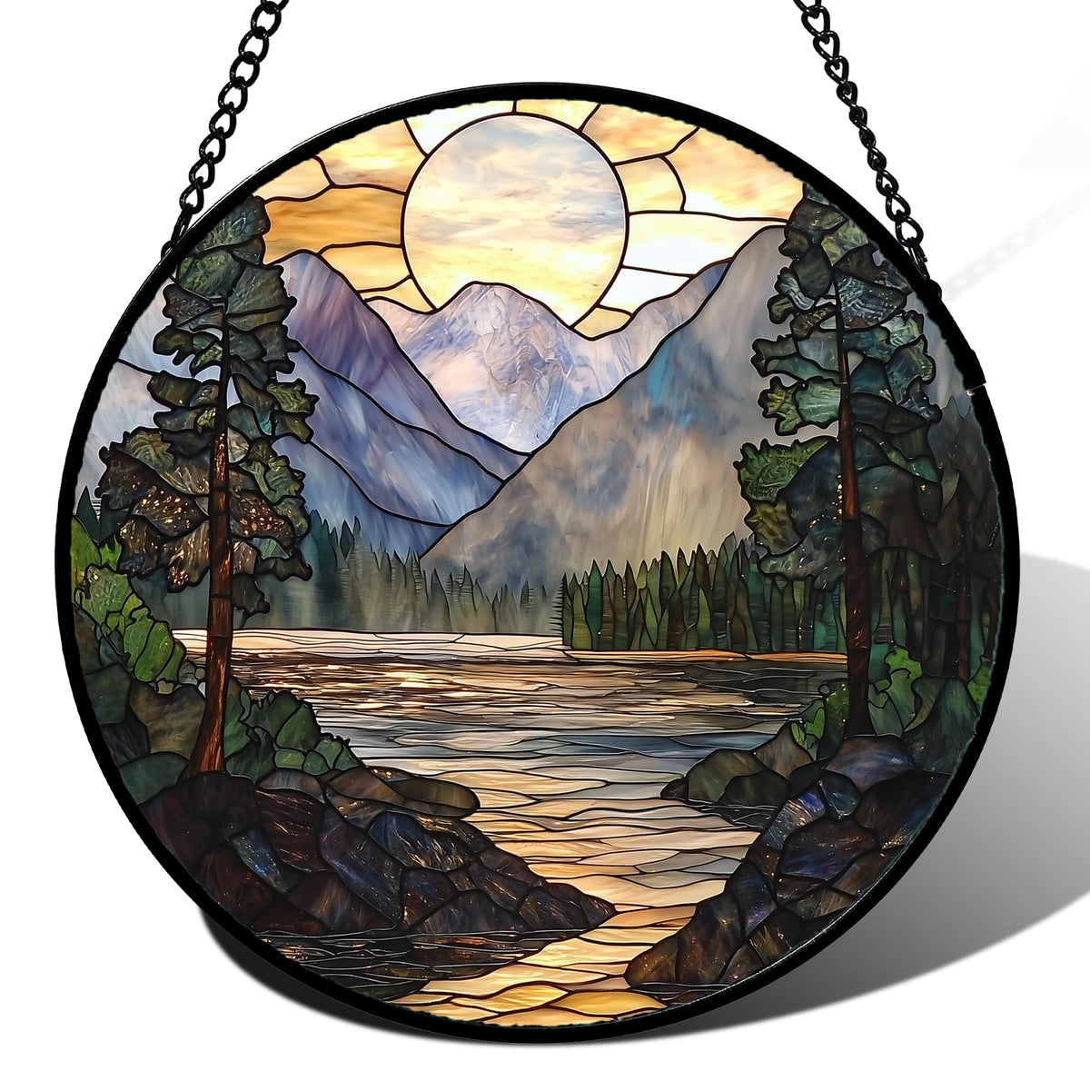 AMDERVEN Stained Glass Window Hanging, Sunset Mountains Lake Tree Sun Catcher for Window Home Decor Landscape Suncatcher Mother's Day Birthday Gifts for Women Men Mom and Nana 6.3 in