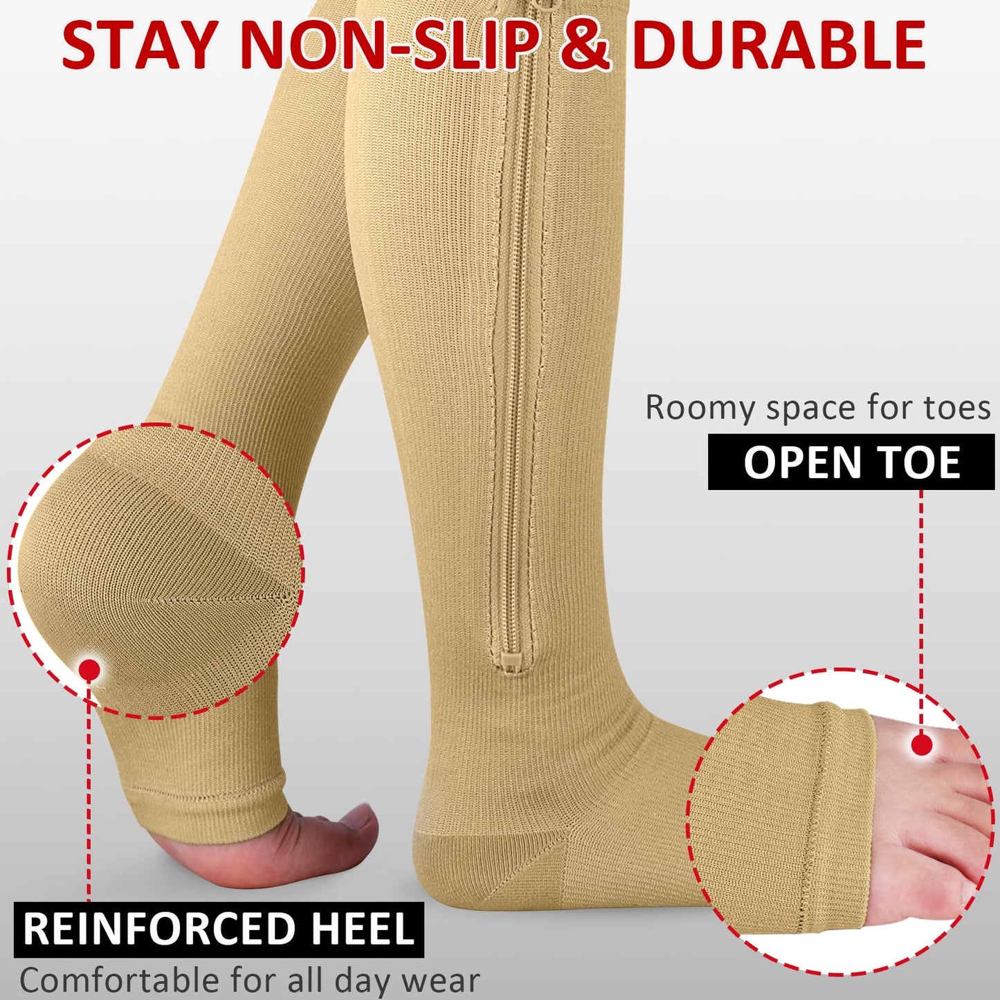 Ailaka Zipper 15-20 mmHg Compression Socks for Women Men, Knee High Open Toe Support Graduated Medical Varicose Veins Hosiery for Edema, Swollen, Pregnancy, Recovery (1 Pair)