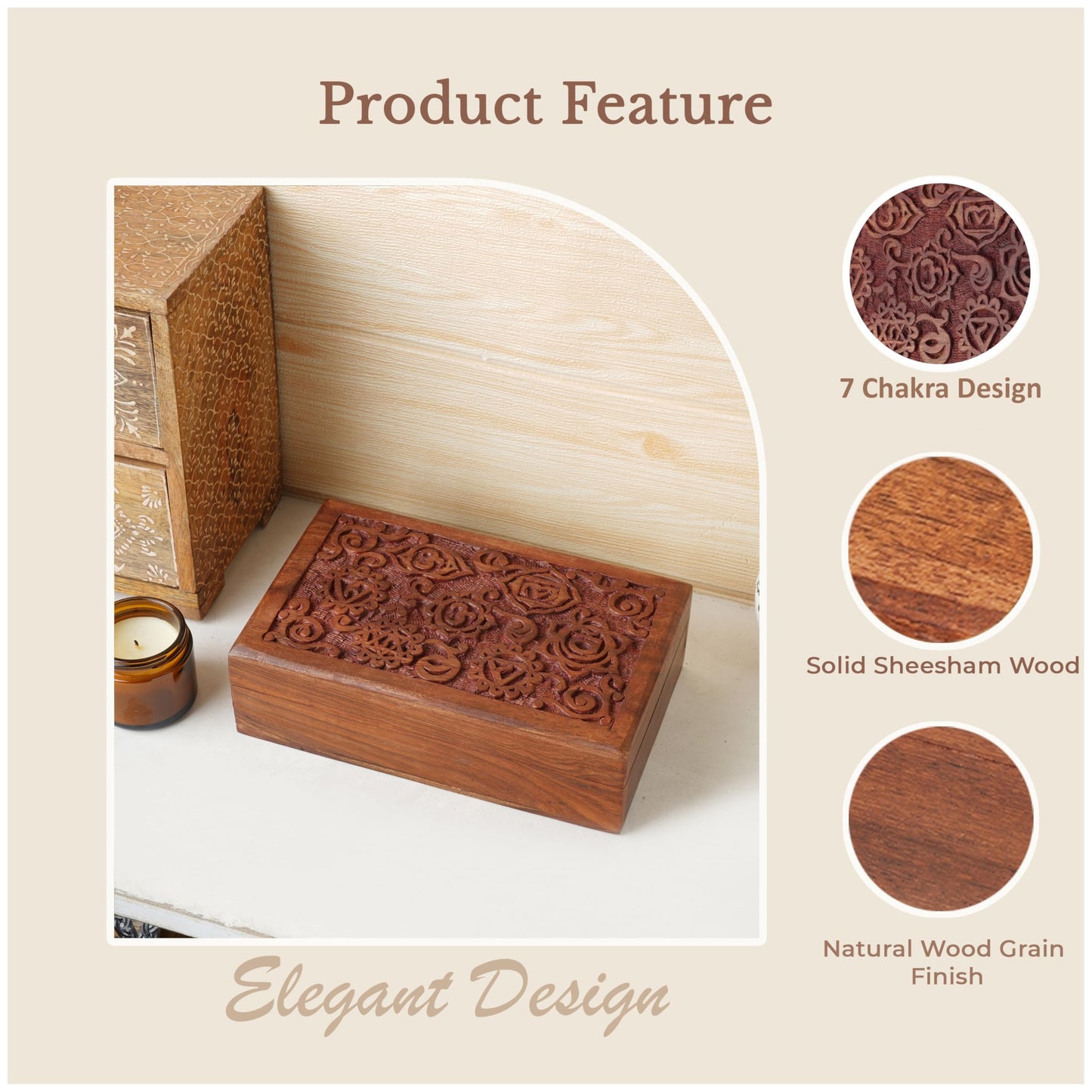Ajuny Decorative Wooden Jewelry Box Keepsake 8 Inch - 7 Chakra Carving Box for Jewelry, Coins, Tarot Cards, Small Treasures Chest Travel Organizer