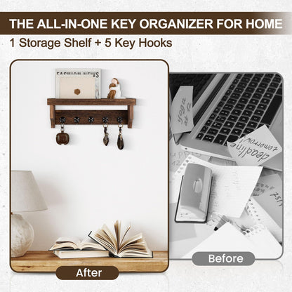 Lucundm Key and Mail Holder Wall Mount, Key Holder with Shelf and Mail Organizer Wall Mount. Mail Holder with 5 Hooks for Coat, Dog Leash, Home Decor Rack, Entry Way Organizer (Brown)