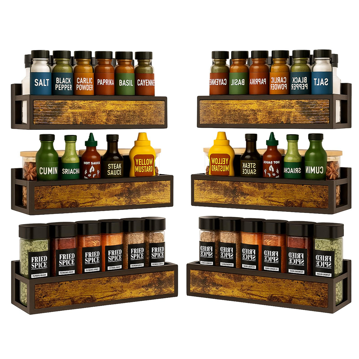 ROURANB Spice Rack Wall Mount for Large Spice Jars, 6 Pack Ironwood Spice Organizer shelf for Rustic, Industrial and Modern Kitchens,Quick Adhesive Strips and Screws for Mounting (Engineered Wood)