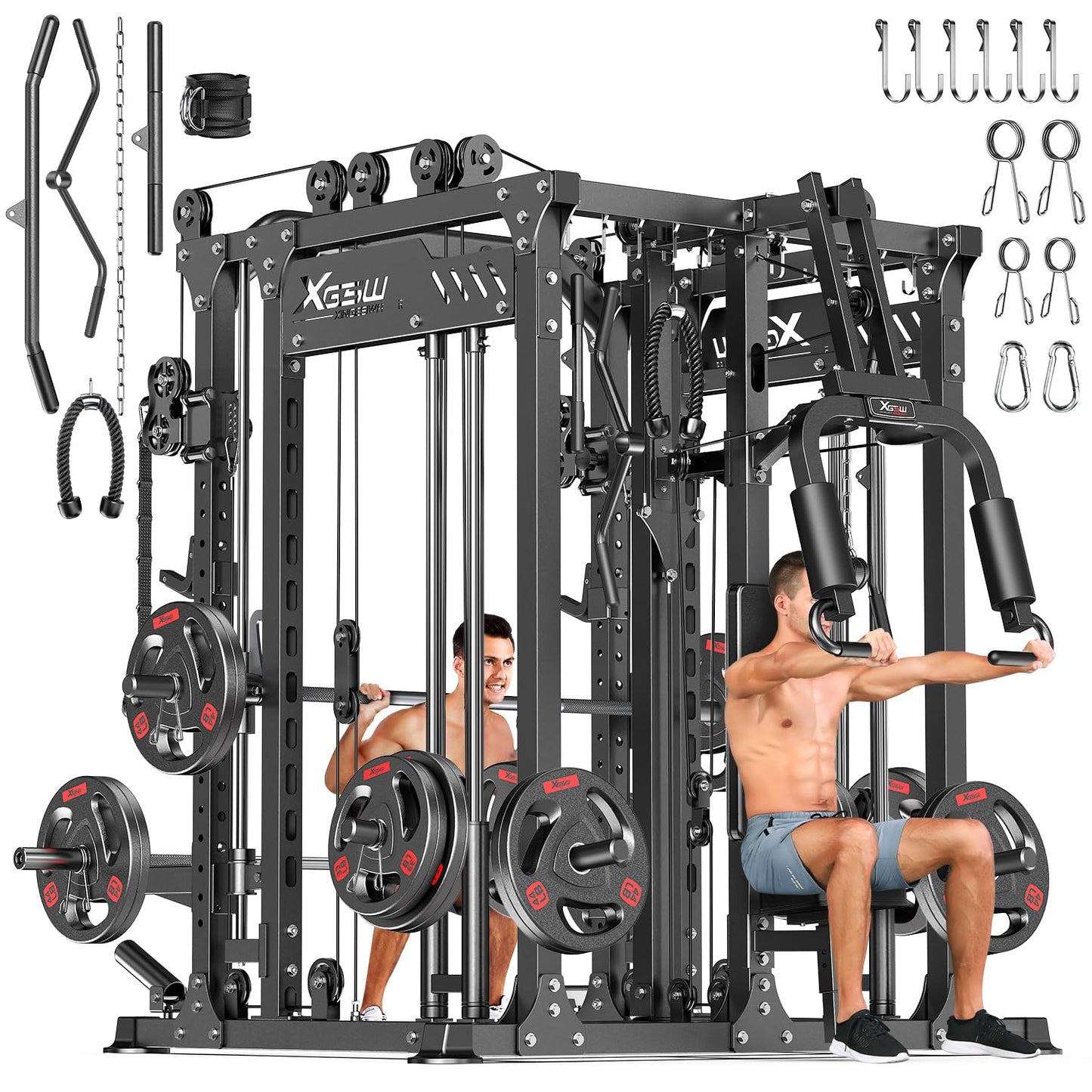 Multi-Purpose Squat Rack,Smith Machine Weight Rack Set with Cable Crossover System, Home Gym Power Racks, Power Racks and Packages (L06 two users, Power cage Black+bench+Cast lron 184LBS)