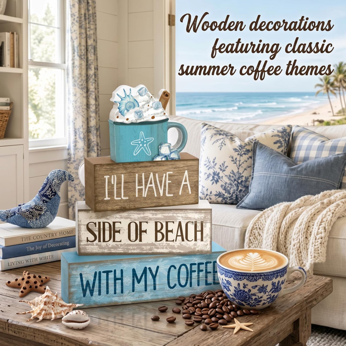 Lineshading 4 Pcs Wooden Farmhouse Tabletop Decor Rustic Home Tiered Tray Decor Decorative Farmhouse Table Decoration Home Block Signs Gift(Summer)