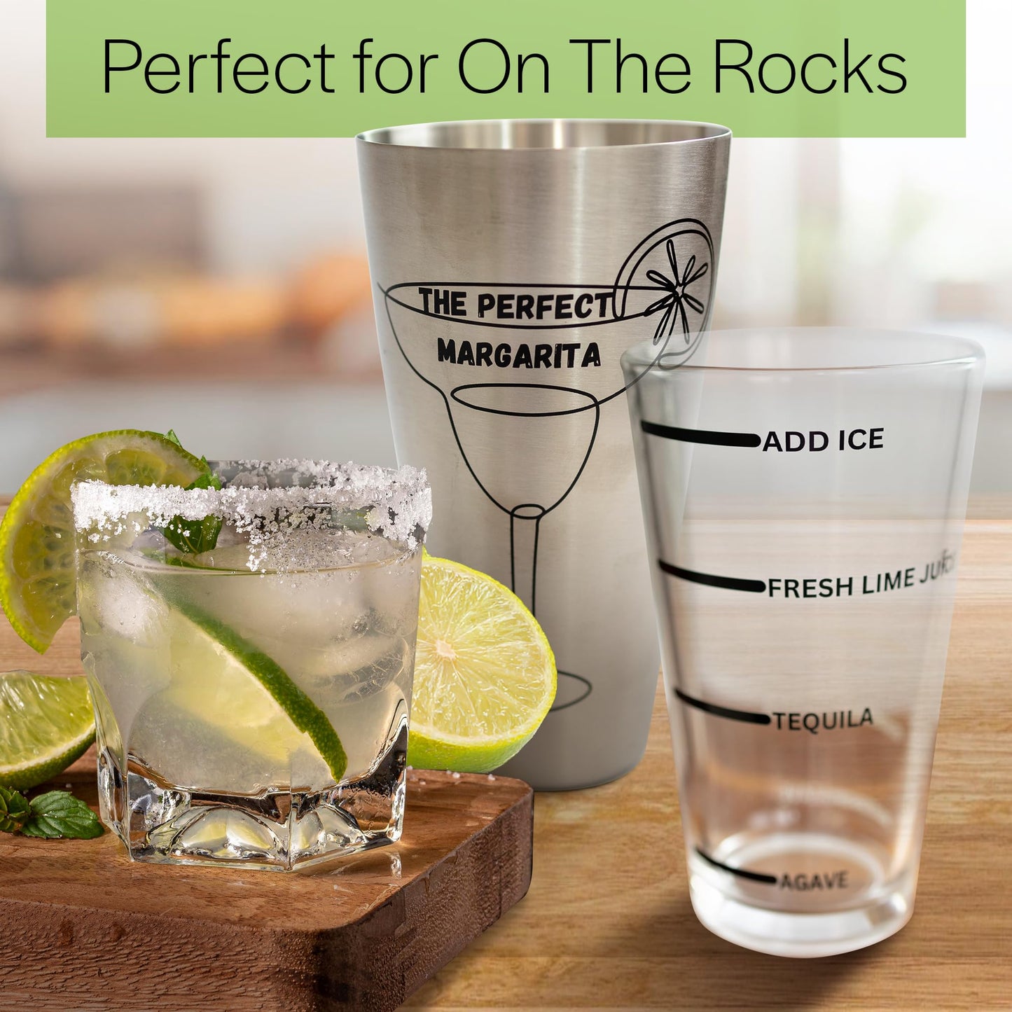 The Perfect Margarita | Easy to Use Margarita Cocktail Shaker Kit | Single & Double Recipes | No Jiggers or Measuring Tools Needed | Bartender Quality Shaker and Hand Juicer | Home Bar Accessories