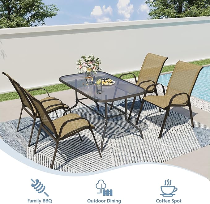 SWITTE Patio Chairs Set of 4 with Armrests, Outdoor Stackable Dining Chairs with Breathable Backrest and Metal Frame for Lawn, Garden, Deck, Poolside, Beige