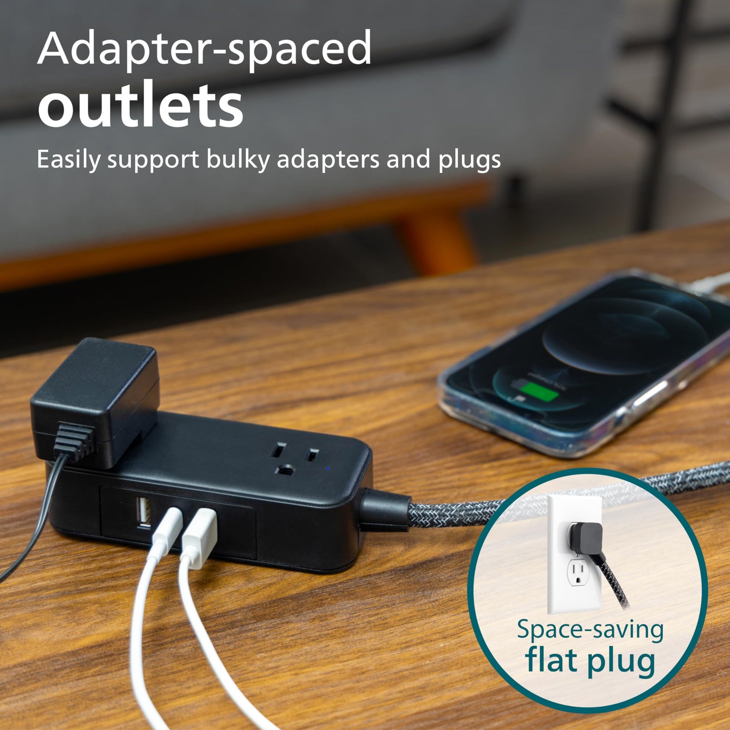 Philips 6 Outlet Power Strip Surge Protector, 6 Ft Power Cord, Designer Braided Extension Cord, Flat Plug, Perfect for Office or Home Décor, 1080 Joules, White, SPC3054WA/37