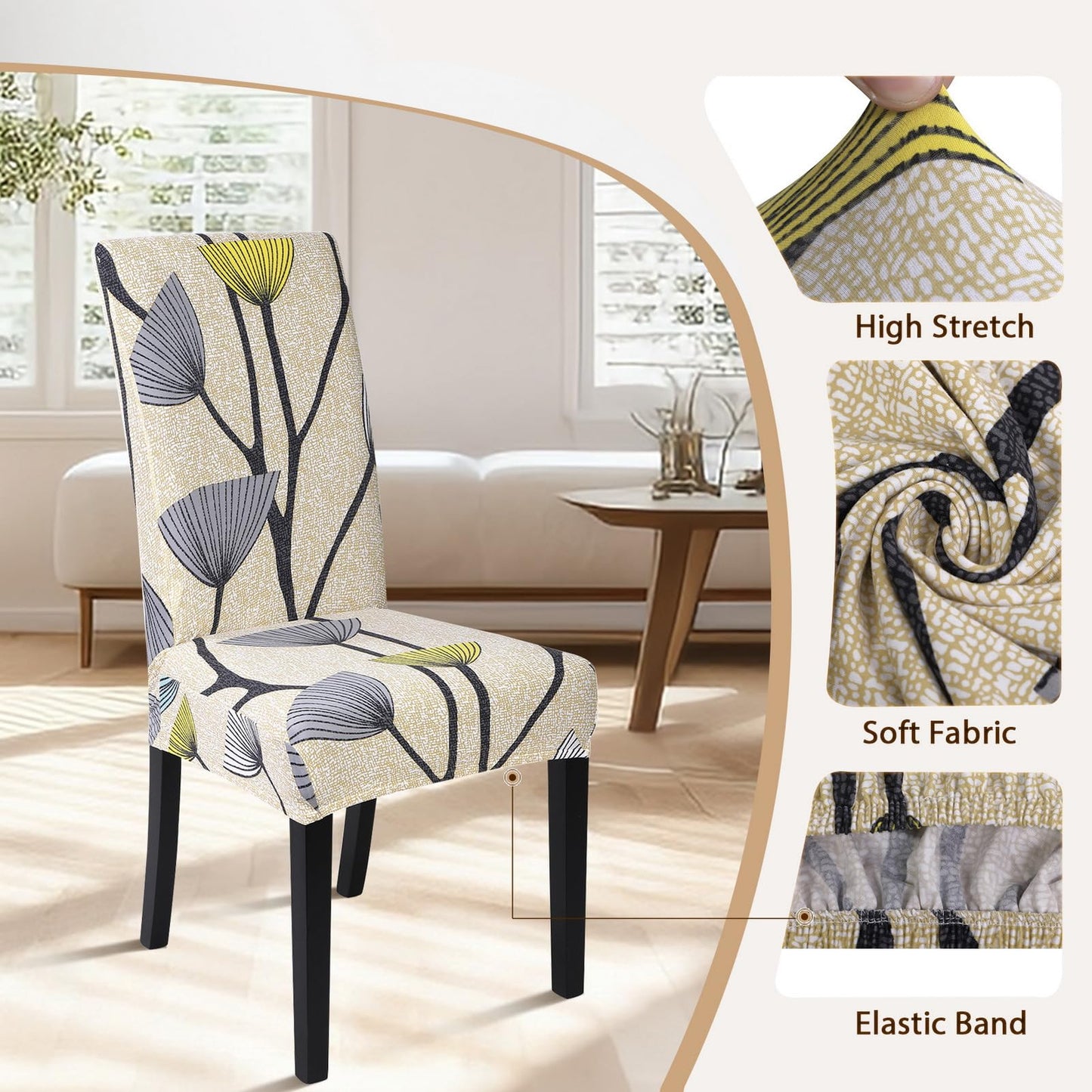 SearchI Dining Room Chair Covers Set of 4, Stretch Printed Parsons Chair Slipcovers Spandex Removable Washable Kitchen Chair Protector Cover for Dining Room, Hotel, Ceremony(Dandelion Pattern)