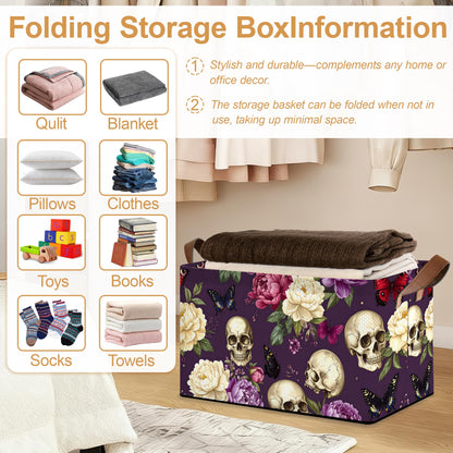 Oeaskly Storage Bins with Handles, Oxford Cloth Storage Basket with Sturdy Frame, Purple Flower Skeleton Collapsible Organizer for Closet, Shelf, Clothes, Towels, Home Storage