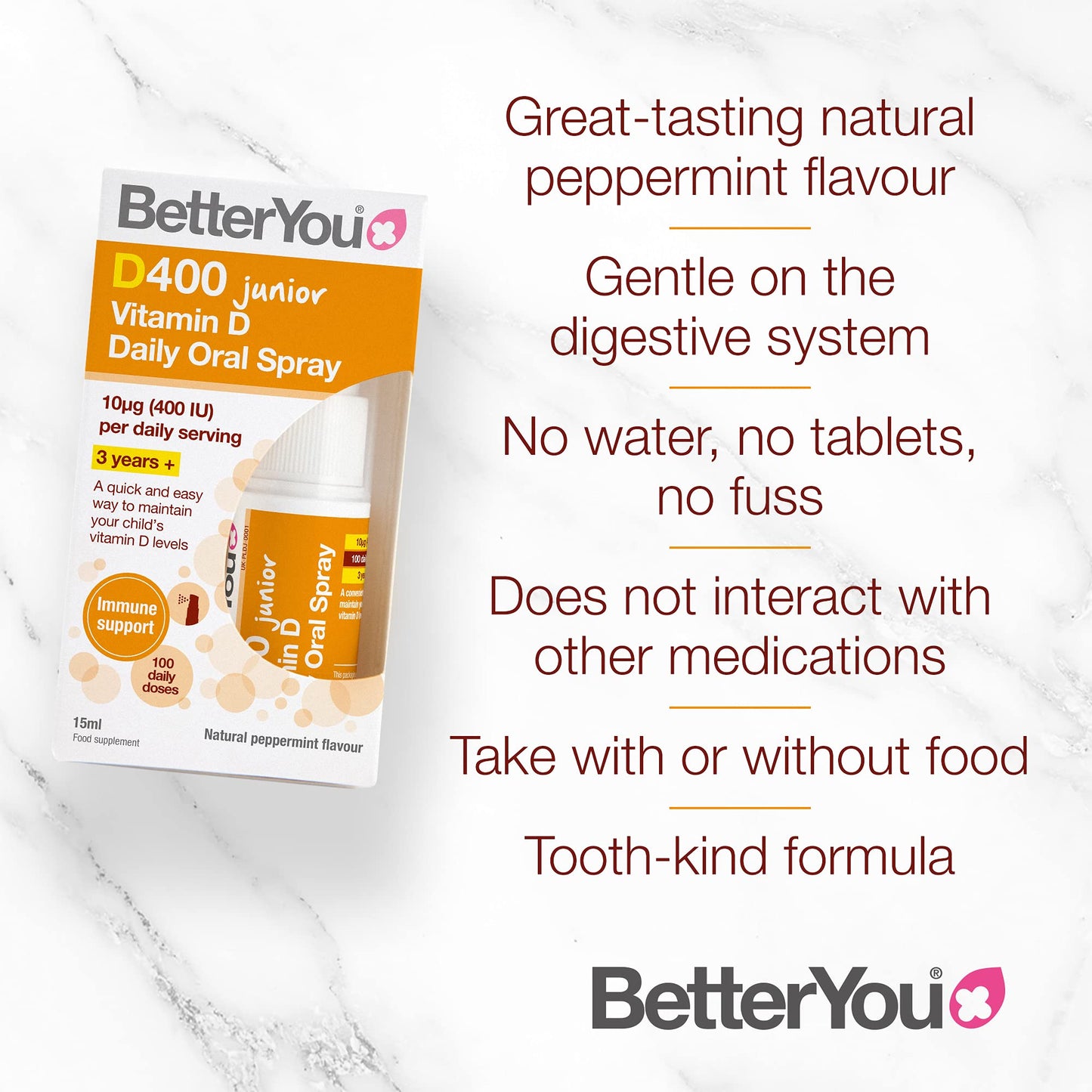 BetterYou Vitamin D 400 IU Junior Daily Oral Spray, Pill-Free Vitamin D3 Supplement for Children, 3-Month Supply, Made in The UK, Natural Peppermint Flavour (Pack of 2)