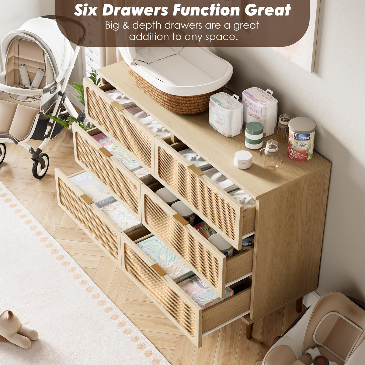 GarveeHome Rattan 6 Drawer Dresser for Bedroom, Large Double Dresser with Deep Drawers, Wooden Chest of Drawers for Closet with Wide Top, for Living Room, Hallway, Kids Room, Natural