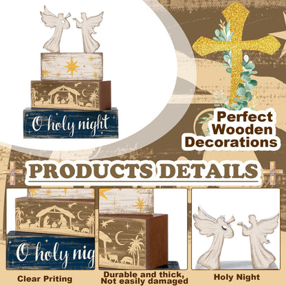 Moucuny 4 Pcs Christmas Angel Table Decor Christmas Wooden Decorative Signage Nativity Scene Tiered Tray Decor Xmas Centerpieces Farmhouse Wooden Block Set Xmas Table Sign for Home
