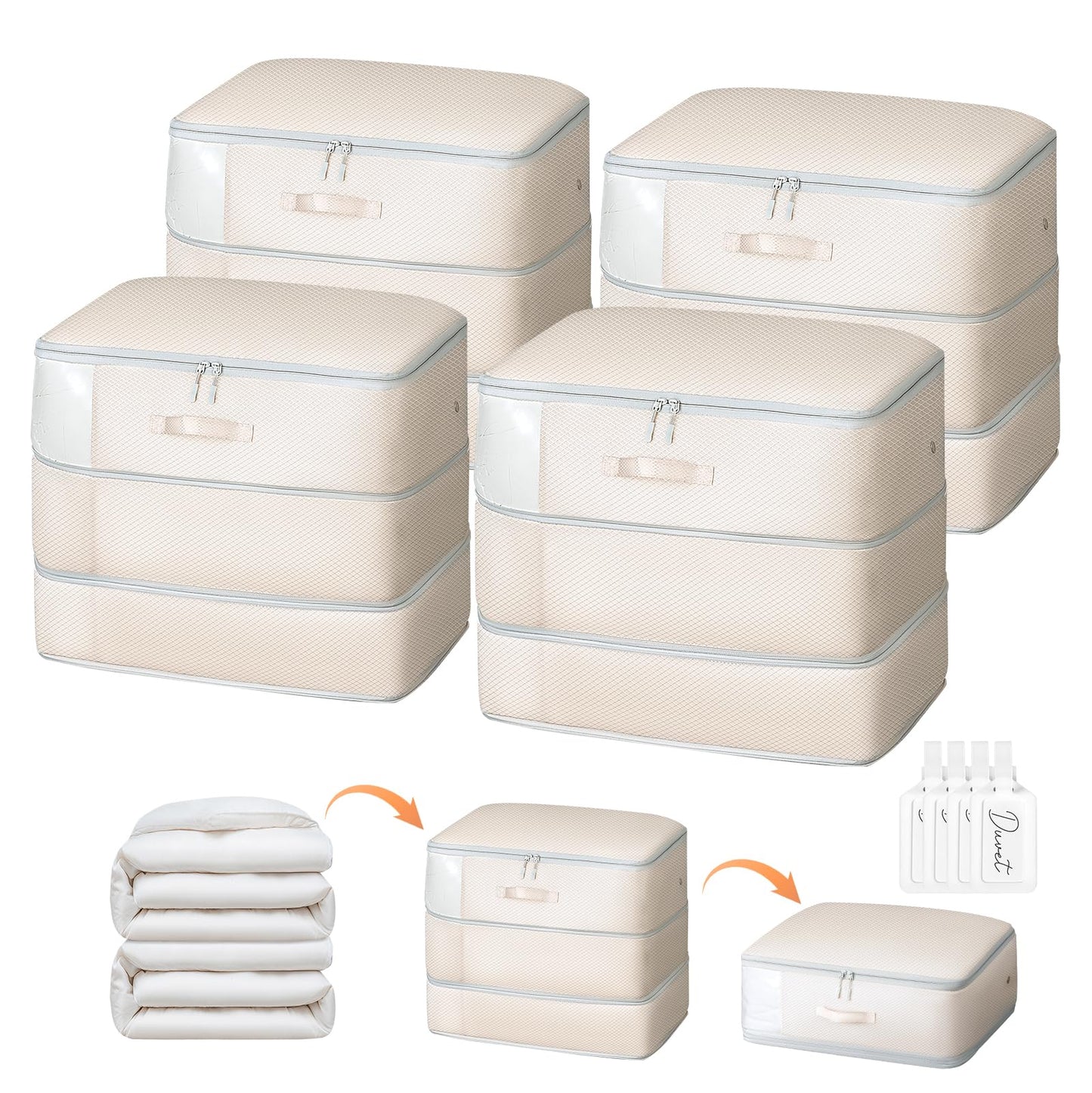 DIMJ Comforter Storage Bag - Large Capacity Ultra Space Saving Self Compression Organize for Duvet, Pillow, Bedding, Blanket Storage Organizer Nylon Compression Bags, Sheet Storage, Beige, 4 Pack