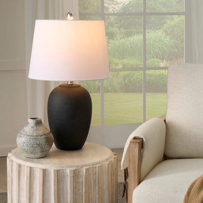 Nourison Home 23" Black Vintage Distressed Ceramic Pot Table Lamp for Bedroom, Living Room, End Table, with White Tapered Drum Shade
