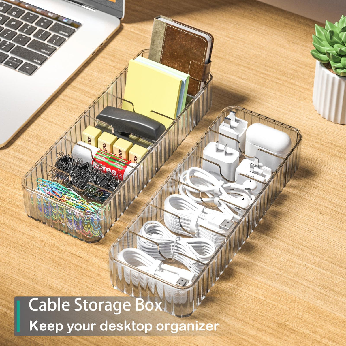 Tamomic Cable Storage Boxes Organizers 2 Pack,Cord Charger Storage Organizer Box Case with 20pcs Cable Ties,Stackable,Clear