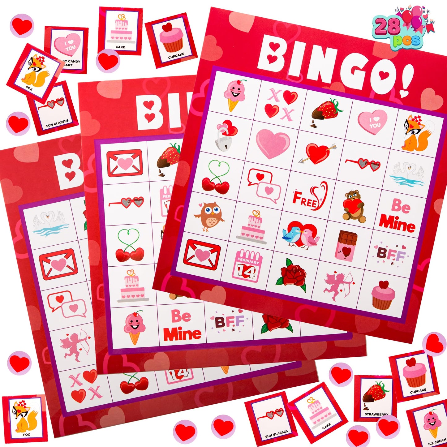 JOYIN 28 Players Valentine's Day Bingo Set, Game Cards for Kids School Classroom Party Supplies, Family Activity