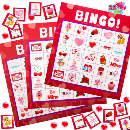 JOYIN 28 Players Valentine's Day Bingo Set, Game Cards for Kids School Classroom Party Supplies, Family Activity