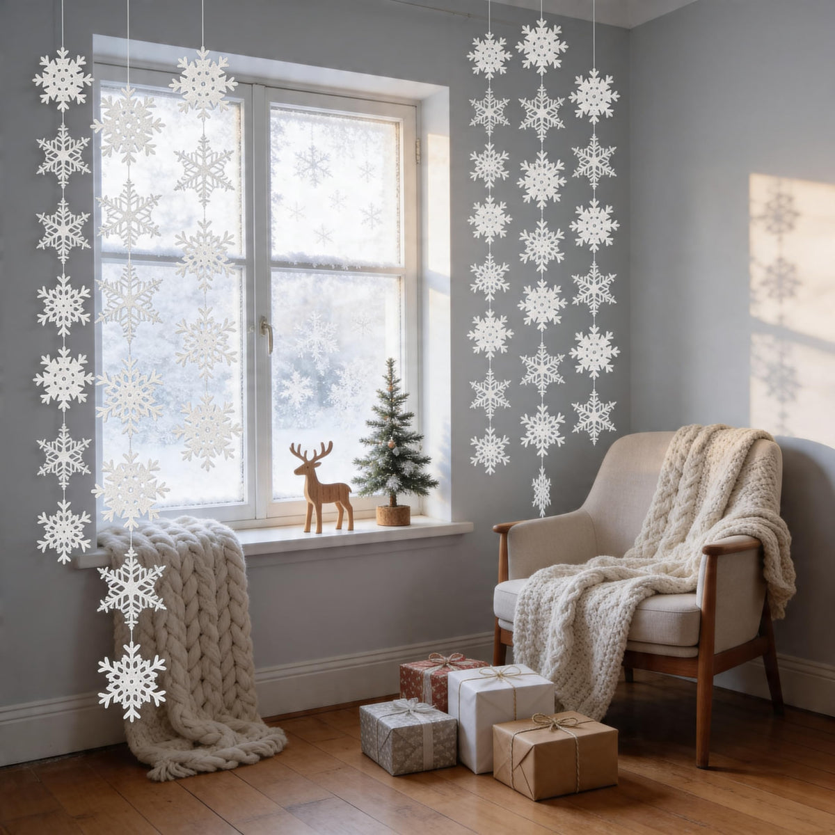 jollylife 12PCS Snowflake Garland Winter Party Wonderland Birthday Decorations - Christmas Snow Flake Streamers Strings Hanging Decor
