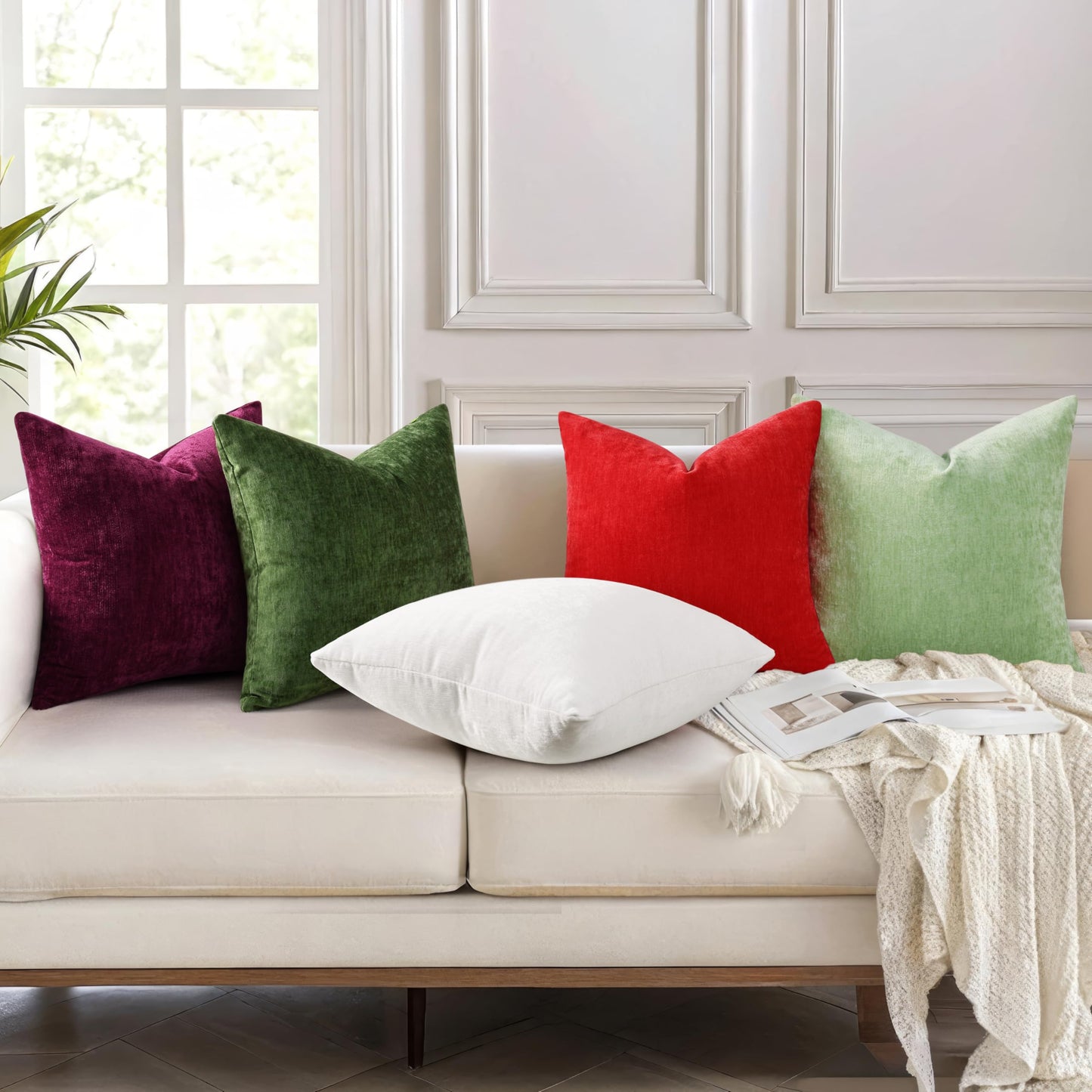 decorUhome Chenille Moss Green Christmas Throw Pillow Covers 18x18 Inch Set of 2, Decorative Soft Couch Pillow Covers Solid Dyed Accent Farmhouse Neutral Square Pillow Cases for Sofa