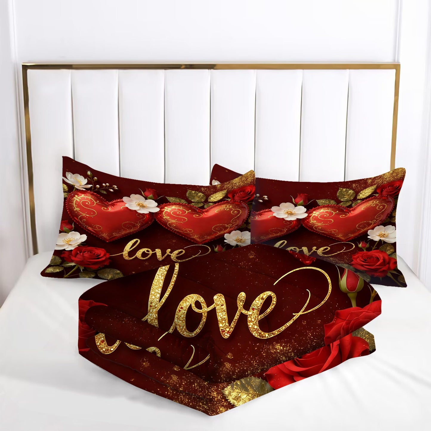 VTKON Love Heart Bedding Set Queen Size 3 Piece Romantic Red Rose Comforter Set for Women Golden Glitter Love Bed Sets Valentine's Day Duvet with 1 Comforter 2 Pillow Cases
