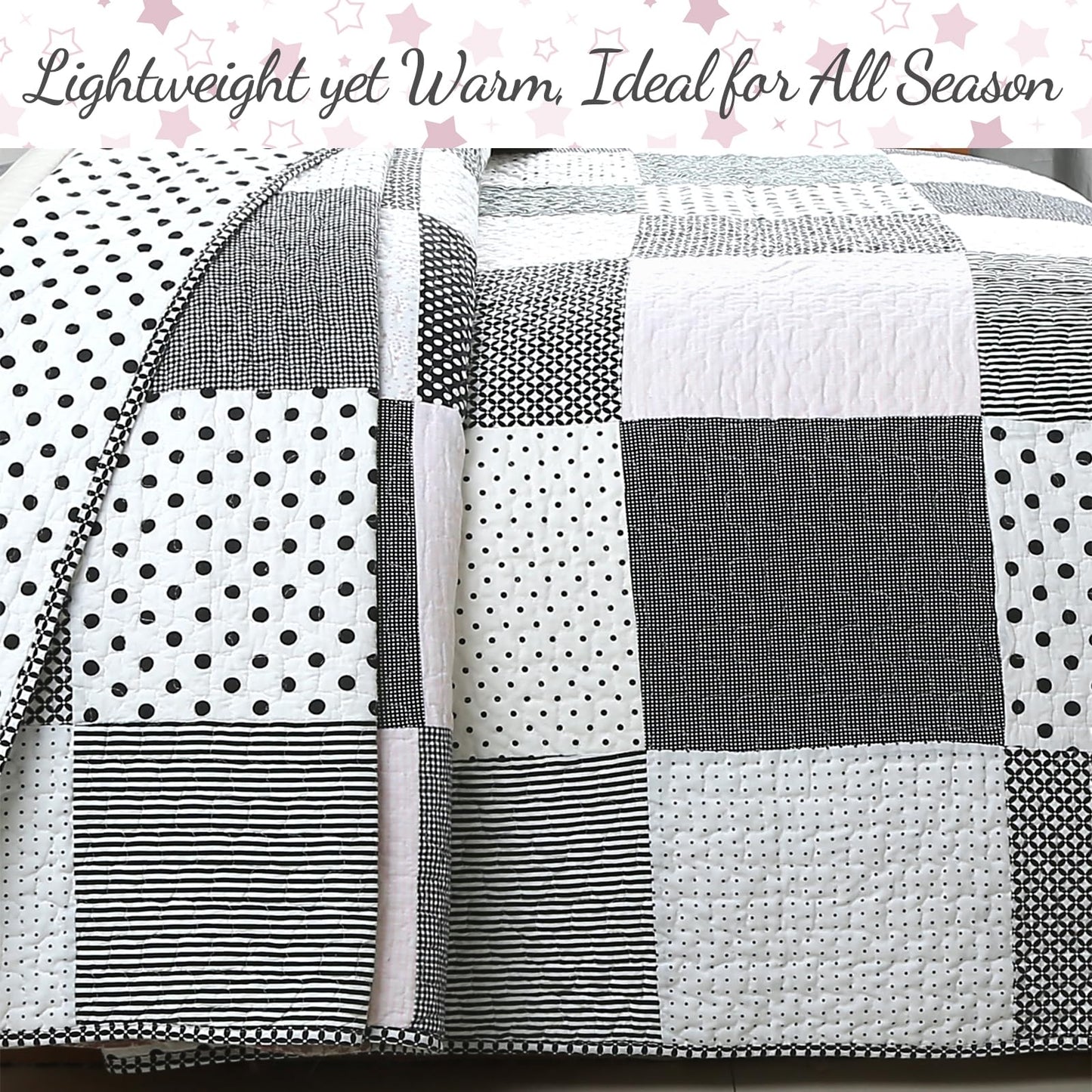 Cozy Line Home Fashions Black White Pink Polka Dots Striped Star Girl 100% Cotton Reversible Quilt Bedding Set, All-Season Coverlet Bedspread (Black Pink, Twin - 2 Piece)