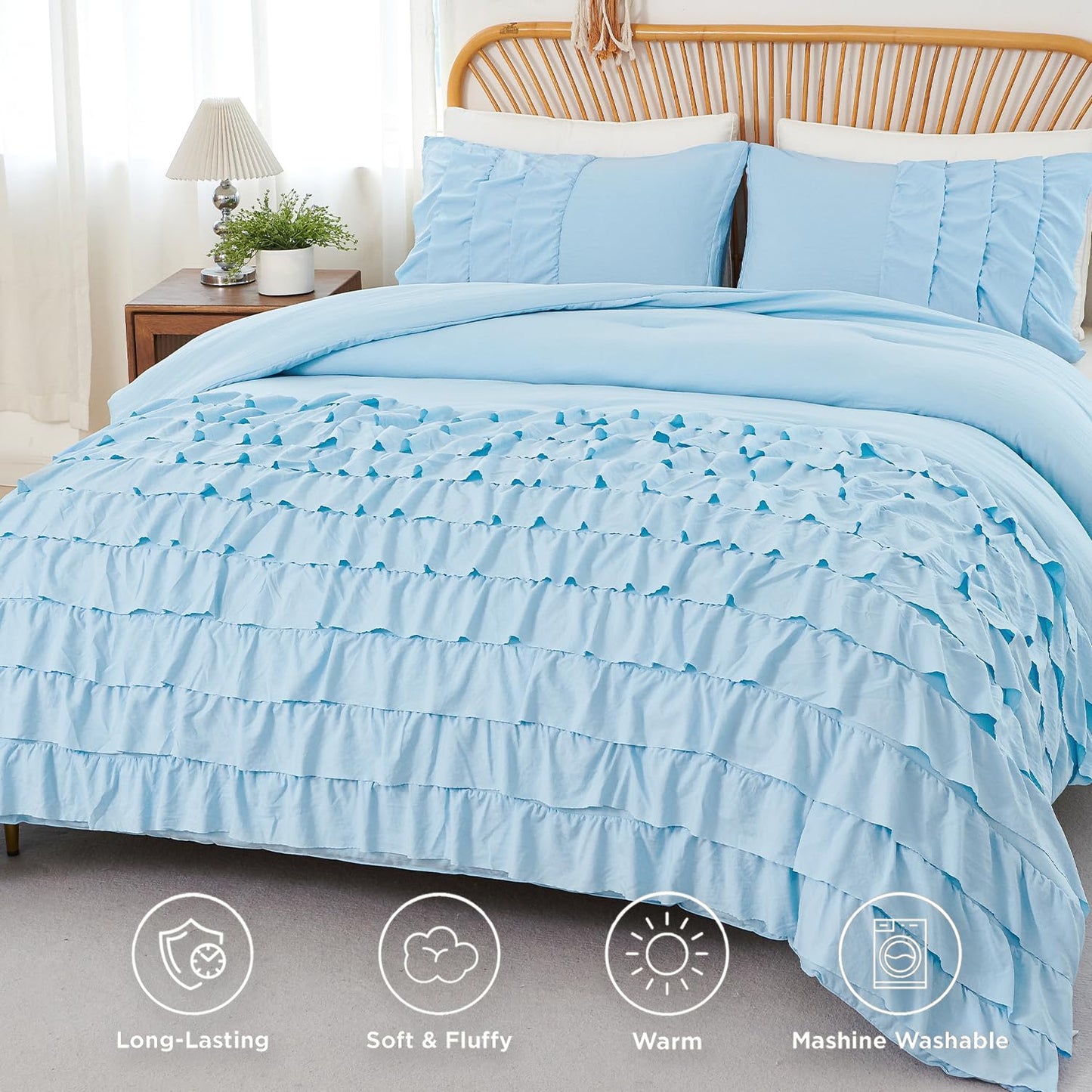 PERFEMET Ruffles Comforter Set 3 Pieces Light Blue Queen Comforter Set Shabby Chic Bedding Sets for Women Teen Girls Fluffy for All Season