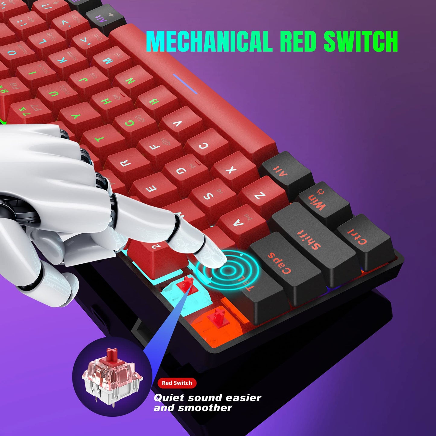 Snpurdiri 60% Compact Size Mechanical Gaming Keyboard - Red Switches | USB-C Wired | UK Compatible US Layout | 16.8M RGB Backlit | Portable for PC & Laptop (Black-Red)
