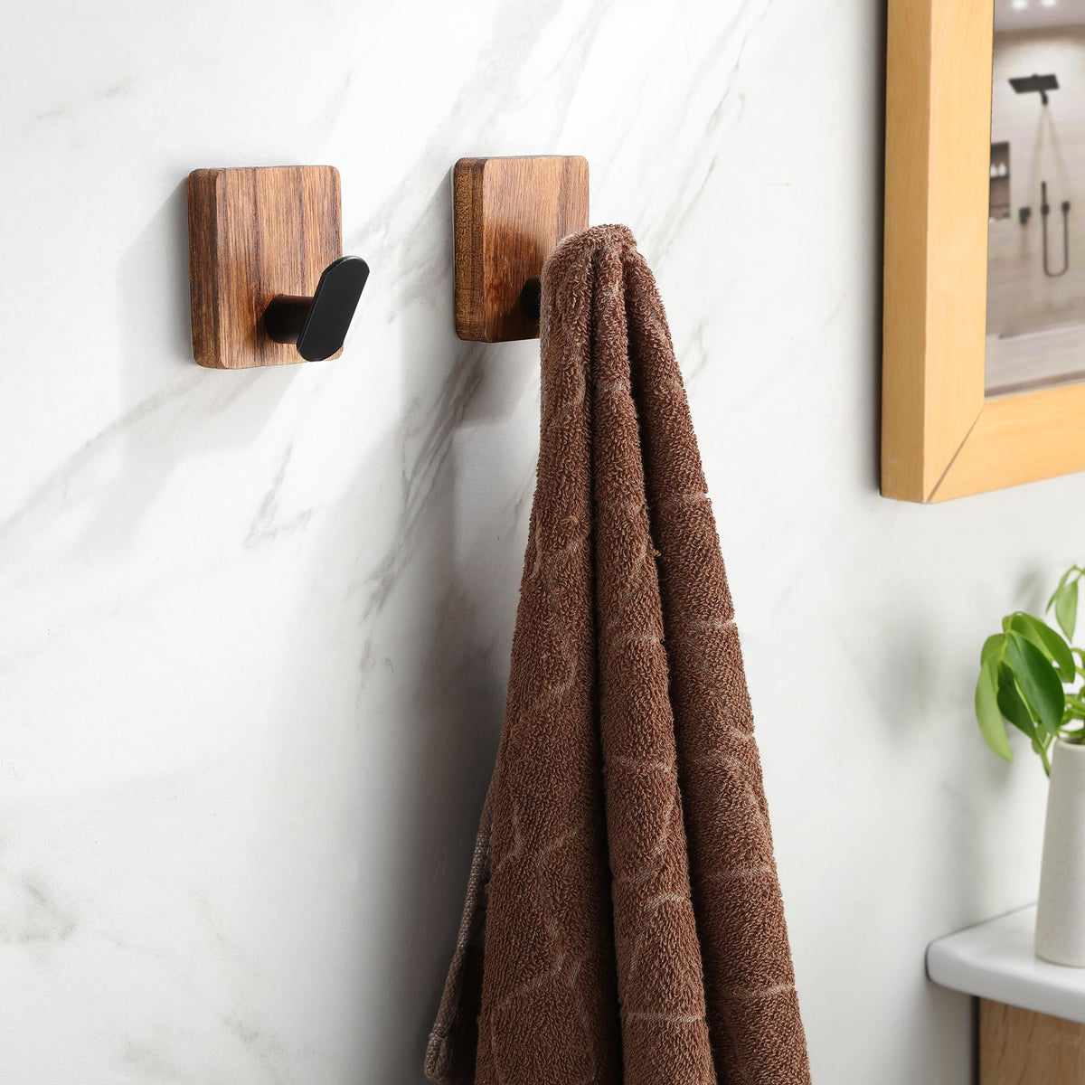 DELITON Towel Hooks for Bathrooms, 4 Pack Adhesive Wood Hooks for Hanging Robes, Towels, Coat, Key, Decorative Wall Utility Hook Heavy Duty