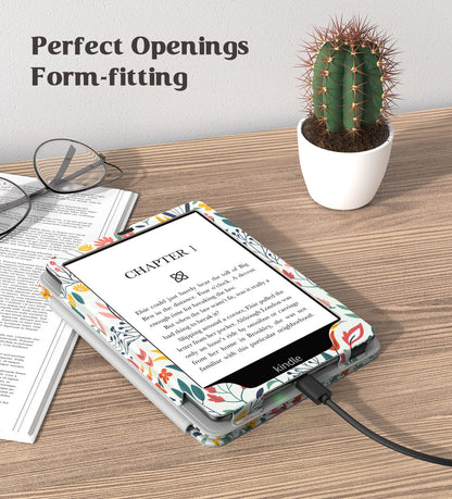 MoKo Case for 7" Kindle Paperwhite (12th/11th Gen-2024/2021) & Colorsoft Signature Edition, Slim PU Shell Cover with Auto-Wake/Sleep, Flowers