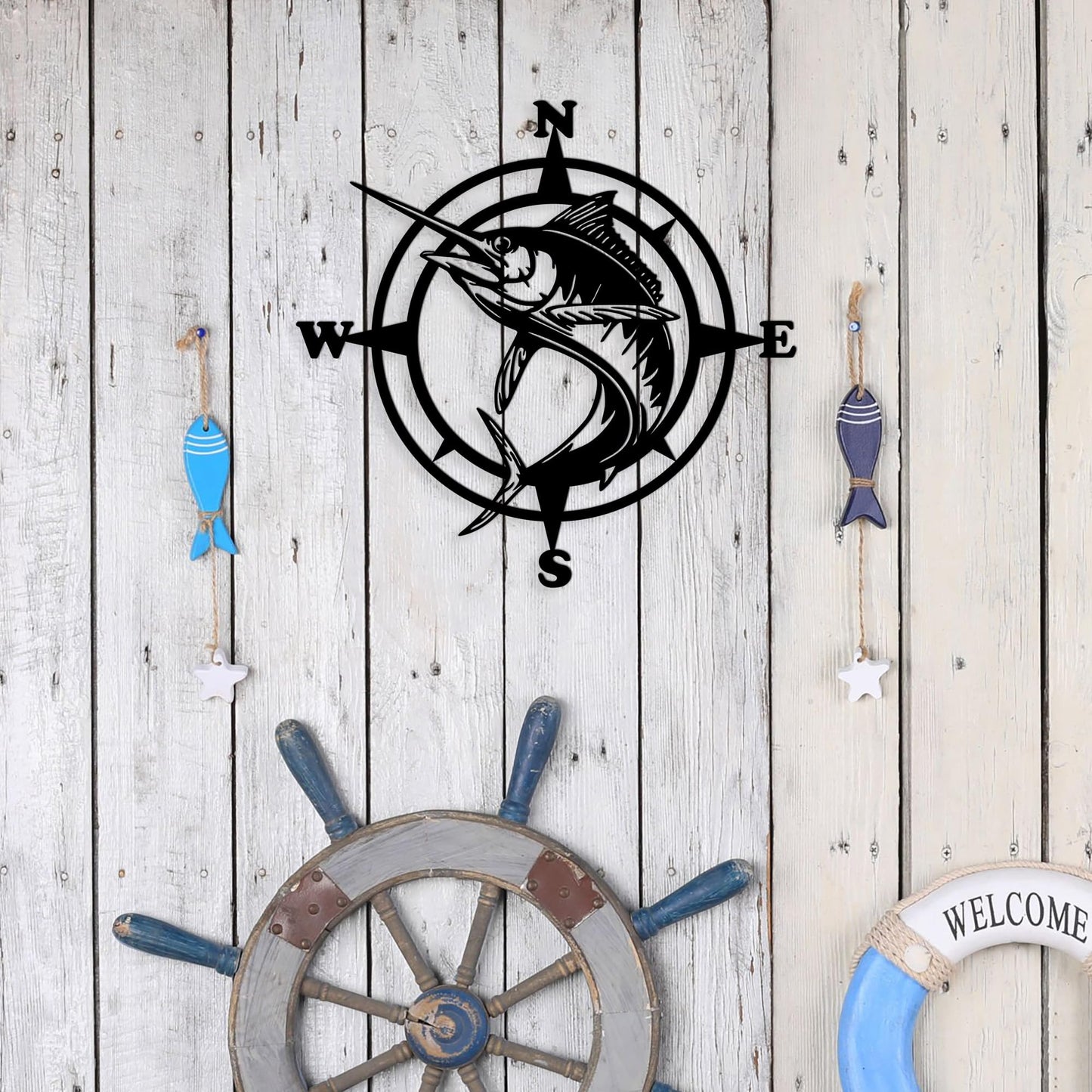 Xedatric Stylish Fishing Decor – Compass Wall Art with Jumping Swordfish, Perfect for Nautical and Marine Enthusiasts, Durable Metal Wall Sculpture for Home & Kitchen