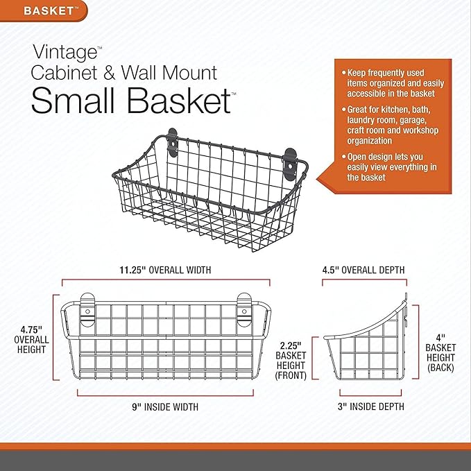 Spectrum Small Wire Wall Basket Industrial Gray Rustic Wall Bin, Vintage Wire