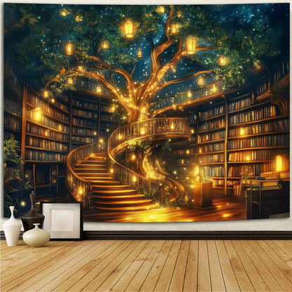 Miytal Enchanted Tree Library Tapestry – Magical Bookshelf Reading Room Wall Hanging, Cozy Literary Art Decor for Bedroom, Living Room, or Study - 51.2'' x 59.1''