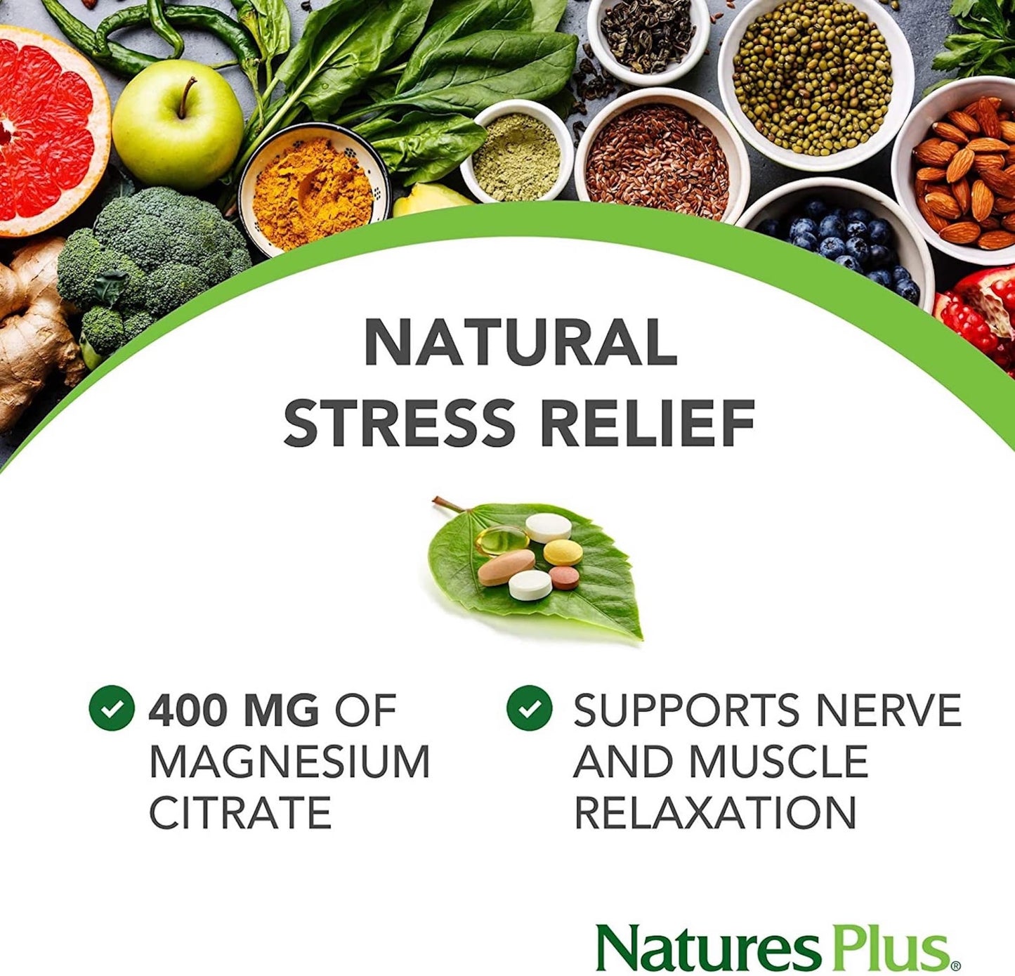 NaturesPlus Magnesium Powder Unflavoured - Gentle Magnesium Citrate Supplement for Night and Day - Energy and Stress Relief - Vegan, Gluten Free - 60 Servings