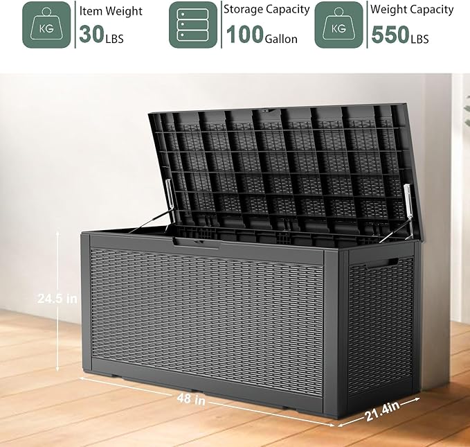 DRATO 100 Gallon Large Deck Box, Outdoor Storage Box for Patio Furniture, Patio Cushions, Gardening Tools, Pool Supplies,660lbs Weight Capacity,Waterproof Resin Storage Boxes（Black，100 Gallon）