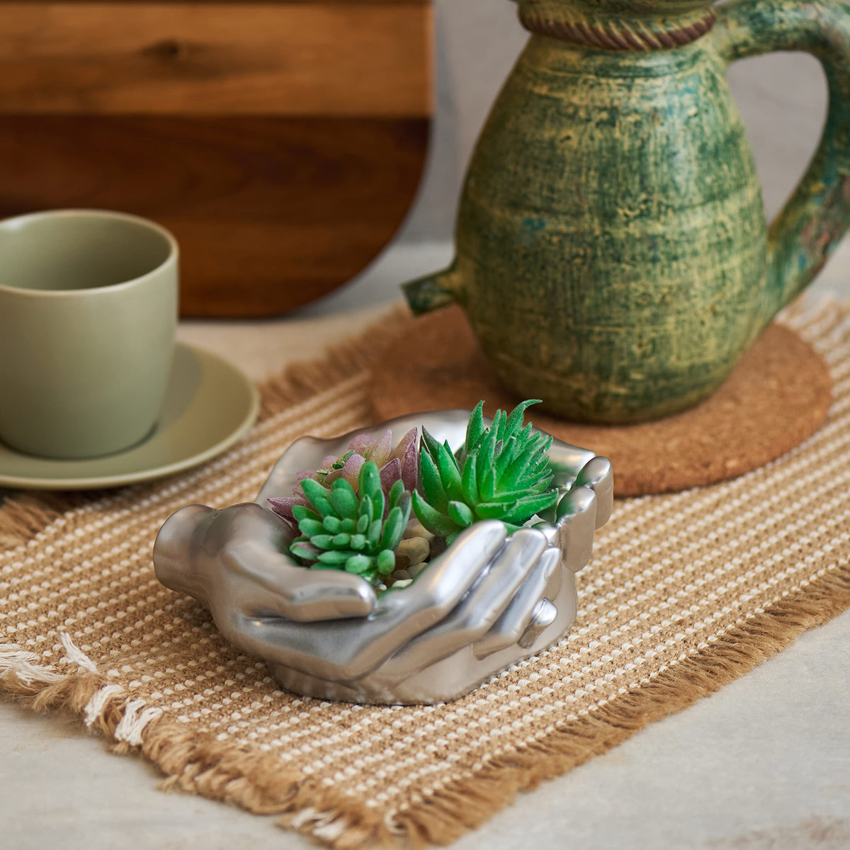 Tapeera Hand Shaped Succulent Planter Pot - Crystal Holder Display - Air Plant Holder Hand Planter - Giving Hands Sculpture Decor - Key Bowl Ring Dish Trinket Dish Candy Dish - Candle Holder (Silver)
